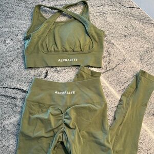 Alphalete Amplify Leggings and Matching Open Back Sports Bra Olive